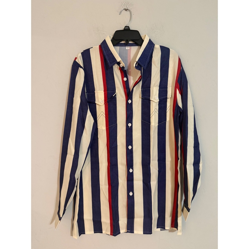 Mens Red White Blue Vertical Striped Button Down Long Sleeve Small Americana